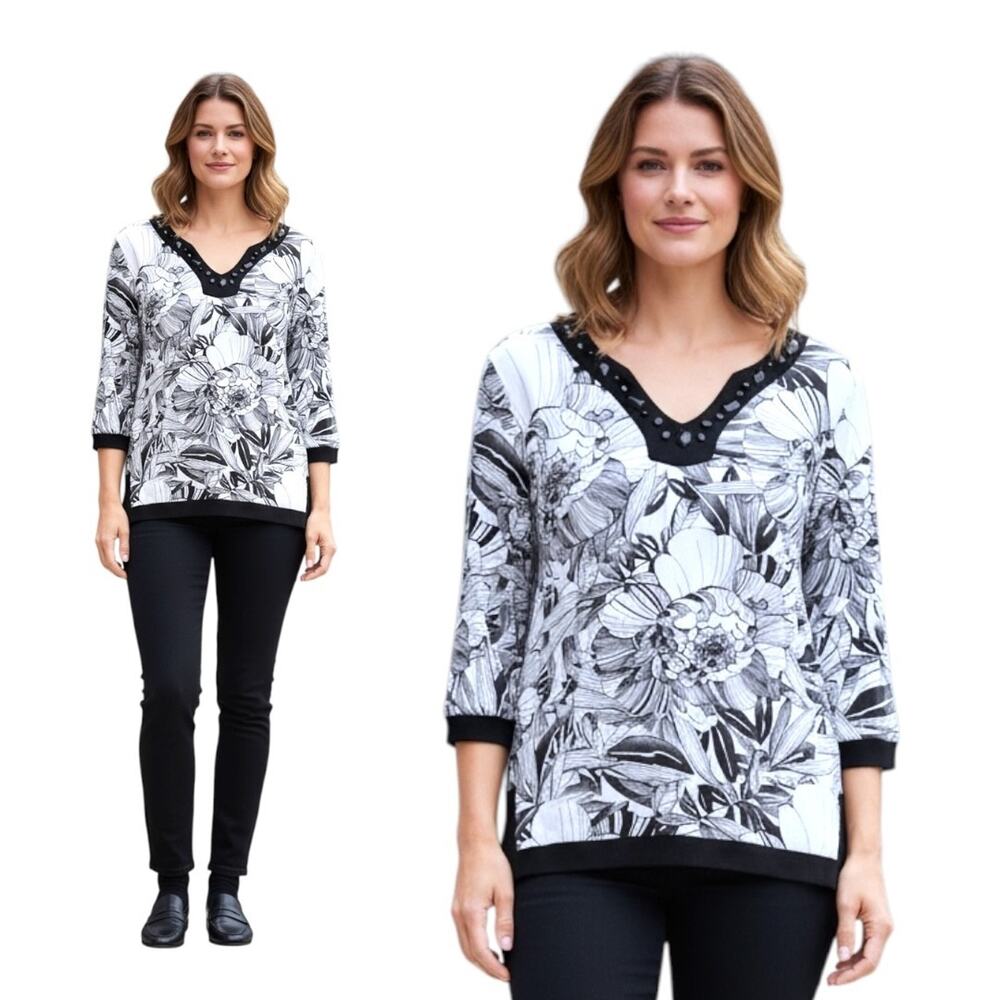 Chico's Tunic‎ Top Black White Sz 3 (16) Faceted Beads 3/4 Sleeve Stretch